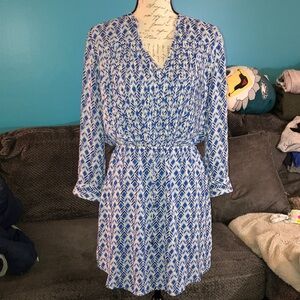 Maeve from Anthropology Blue and White Patterned Cinch Waist Dress, Medium